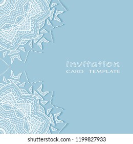 Invitation or Card template with lacy border pattern, cutout paper, mandala frame element. Decorative openwork filigree art, lace background for Wedding, Valentine's day greeting cards, Birthday Invit