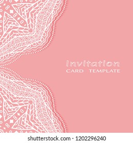 Invitation or Card template with lacy border pattern, cutout paper, mandala frame element. Decorative openwork filigree art, lace background for Wedding, Valentine's day greeting cards, Birthday Invit