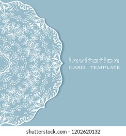 Invitation or Card template with lacy border pattern, cutout paper, mandala frame element. Decorative openwork filigree art, lace background for Wedding, Valentine's day greeting cards, Birthday Invit