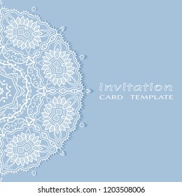 Invitation or Card template with lacy border pattern, cutout paper, mandala frame element. Decorative openwork filigree art, lace background for Wedding, Valentine's day greeting cards, Birthday Invit