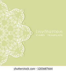 Invitation or Card template with lacy border pattern, cutout paper, mandala frame element. Decorative openwork filigree art, lace background for Wedding, Valentine's day greeting cards, Birthday Invit