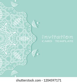 Invitation or Card template with lacy border pattern, cutout paper, mandala frame element. Decorative openwork filigree art, lace background for Wedding, Valentine's day greeting cards, Birthday Invit