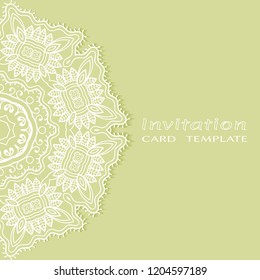 Invitation or Card template with lacy border pattern, cutout paper, mandala frame element. Decorative openwork filigree art, lace background for Wedding, Valentine's day greeting cards, Birthday Invit