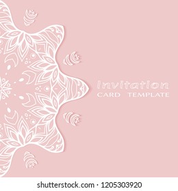Invitation or Card template with lacy border pattern, cutout paper, mandala frame element. Decorative openwork filigree art, lace background for Wedding, Valentine's day greeting cards, Birthday Invit