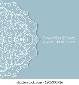 Invitation or Card template with lacy border pattern, cutout paper, mandala frame element. Decorative openwork filigree art, lace background for Wedding, Valentine's day greeting cards, Birthday Invit
