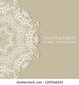 Invitation or Card template with lacy border pattern, cutout paper, mandala frame element. Decorative openwork filigree art, lace background for Wedding, Valentine's day greeting cards, Birthday Invit