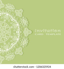 Invitation or Card template with lacy border pattern, cutout paper, mandala frame element. Decorative openwork filigree art, lace background for Wedding, Valentine's day greeting cards, Birthday Invit