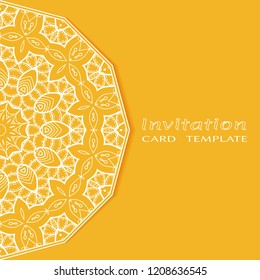 Invitation or Card template with lacy border pattern, cutout paper, mandala frame element. Decorative openwork filigree art, lace background for Wedding, Valentine's day greeting cards, Birthday Invit