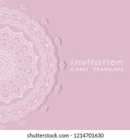 Invitation or Card template with lacy border pattern, cutout paper, mandala frame element. Decorative openwork filigree art, lace background for Wedding, Valentine's day greeting cards, Birthday Invit