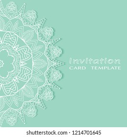 Invitation or Card template with lacy border pattern, cutout paper, mandala frame element. Decorative openwork filigree art, lace background for Wedding, Valentine's day greeting cards, Birthday Invit