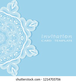 Invitation or Card template with lacy border pattern, cutout paper, mandala frame element. Decorative openwork filigree art, lace background for Wedding, Valentine's day greeting cards, Birthday Invit