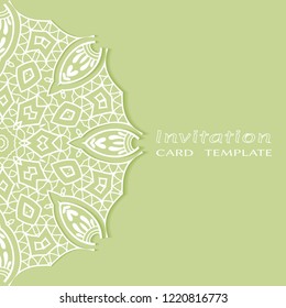 Invitation or Card template with lacy border pattern, cutout paper, mandala frame element. Decorative openwork filigree art, lace background for Wedding, Valentine's day greeting cards, Birthday Invit