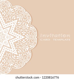 Invitation or Card template with lacy border pattern, cutout paper, mandala frame element. Decorative openwork filigree art, lace background for Wedding, Valentine's day greeting cards, Birthday Invit