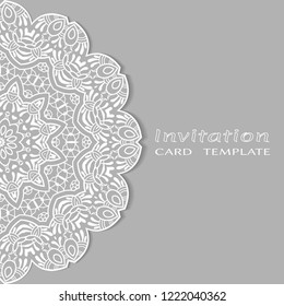 Invitation or Card template with lacy border pattern, cutout paper, mandala frame element. Decorative openwork filigree art, lace background for Wedding, Valentine's day greeting cards, Birthday Invit