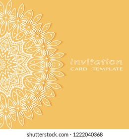 Invitation or Card template with lacy border pattern, cutout paper, mandala frame element. Decorative openwork filigree art, lace background for Wedding, Valentine's day greeting cards, Birthday Invit