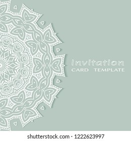 Invitation or Card template with lacy border pattern, cutout paper, mandala frame element. Decorative openwork filigree art, lace background for Wedding, Valentine's day greeting cards, Birthday Invit