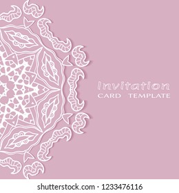 Invitation or Card template with lacy border pattern, cutout paper, mandala frame element. Decorative openwork filigree art, lace background for Wedding, Valentine's day greeting cards, Birthday Invit