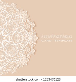 Invitation or Card template with lacy border pattern, cutout paper, mandala frame element. Decorative openwork filigree art, lace background for Wedding, Valentine's day greeting cards, Birthday Invit