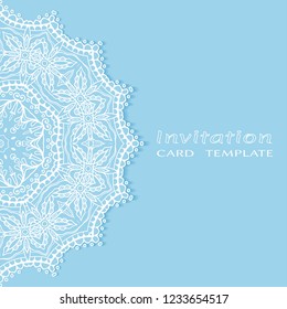 Invitation or Card template with lacy border pattern, cutout paper, mandala frame element. Decorative openwork filigree art, lace background for Wedding, Valentine's day greeting cards, Birthday Invit
