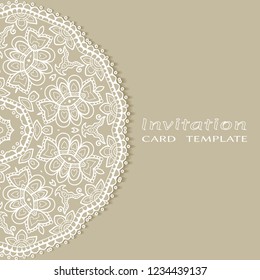 Invitation or Card template with lacy border pattern, cutout paper, mandala frame element. Decorative openwork filigree art, lace background for Wedding, Valentine's day greeting cards, Birthday Invit