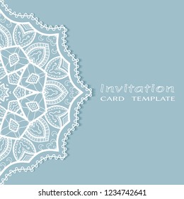 Invitation or Card template with lacy border pattern, cutout paper, mandala frame element. Decorative openwork filigree art, lace background for Wedding, Valentine's day greeting cards, Birthday Invit