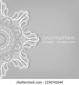 Invitation or Card template with lacy border pattern, cutout paper, mandala frame element. Decorative openwork filigree art, lace background for Wedding, Valentine's day greeting cards, Birthday Invit