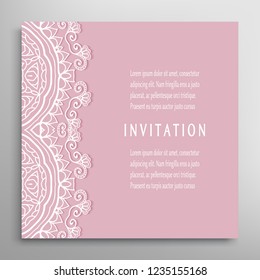 Invitation or Card template with lacy border pattern, cutout paper, mandala frame element. Decorative openwork filigree art, lace background for Wedding, Valentine's day greeting cards, Birthday Invit