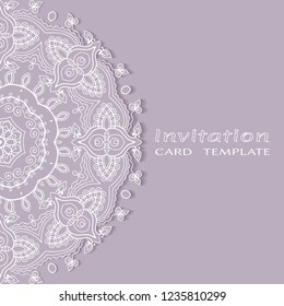 Invitation or Card template with lacy border pattern, cutout paper, mandala frame element. Decorative openwork filigree art, lace background for Wedding, Valentine's day greeting cards, Birthday Invit