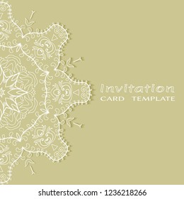 Invitation or Card template with lacy border pattern, cutout paper, mandala frame element. Decorative openwork filigree art, lace background for Wedding, Valentine's day greeting cards, Birthday Invit