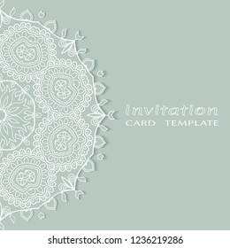 Invitation or Card template with lacy border pattern, cutout paper, mandala frame element. Decorative openwork filigree art, lace background for Wedding, Valentine's day greeting cards, Birthday Invit