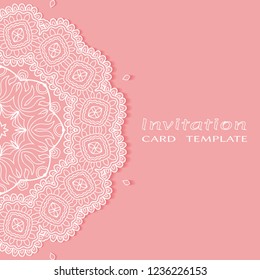 Invitation or Card template with lacy border pattern, cutout paper, mandala frame element. Decorative openwork filigree art, lace background for Wedding, Valentine's day greeting cards, Birthday Invit