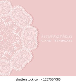 Invitation or Card template with lacy border pattern, cutout paper, mandala frame element. Decorative openwork filigree art, lace background for Wedding, Valentine's day greeting cards, Birthday Invit