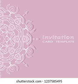 Invitation or Card template with lacy border pattern, cutout paper, mandala frame element. Decorative openwork filigree art, lace background for Wedding, Valentine's day greeting cards, Birthday Invit