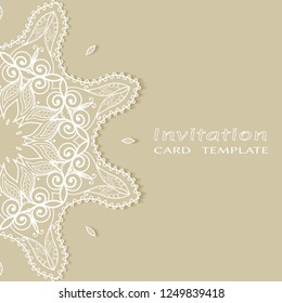 Invitation or Card template with lacy border pattern, cutout paper, mandala frame element. Decorative openwork filigree art, lace background for Wedding, Valentine's day greeting cards, Birthday Invit