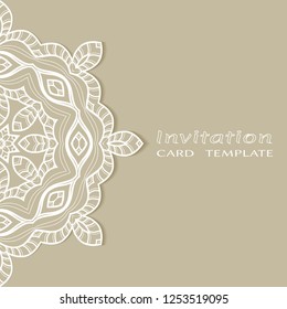 Invitation or Card template with lacy border pattern, cutout paper, mandala frame element. Decorative openwork filigree art, lace background for Wedding, Valentine's day greeting cards, Birthday Invit