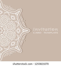 Invitation or Card template with lacy border pattern, cutout paper, mandala frame element. Decorative openwork filigree art, lace background for Wedding, Valentine's day greeting cards, Birthday Invit