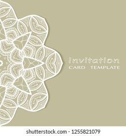 Invitation or Card template with lacy border pattern, cutout paper, mandala frame element. Decorative openwork filigree art, lace background for Wedding, Valentine's day greeting cards, Birthday Invit