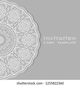 Invitation or Card template with lacy border pattern, cutout paper, mandala frame element. Decorative openwork filigree art, lace background for Wedding, Valentine's day greeting cards, Birthday Invit