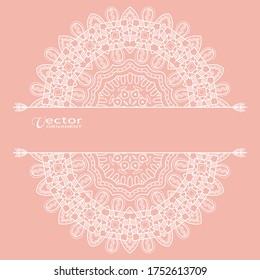 Invitation or Card template with lacy border pattern, cutout paper, mandala frame element. Decorative openwork filigree art, lace background for Wedding, Valentine's day greeting cards, Birthday Invit