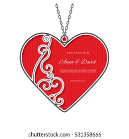 Invitation card template with laser cutting filigree frame in the shape of heart pendant. Valentine's day template with place for text. For greeting cards, wedding invitations, jewelry advertising.