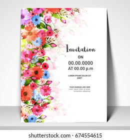 Invitation Card template layout with colorful watercolor flowers decoration.