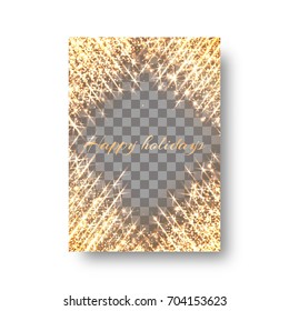Invitation card template with light effects, glitter and bright golden rays.