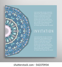 Invitation or Card template with mandala border element. Doodle floral geometric pattern. Decorative abstract art background, template for Wedding, Valentine's day greeting cards, Birthday Invitations