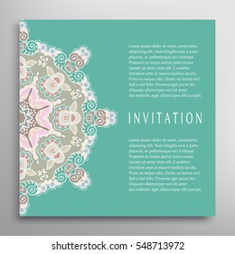Invitation or Card template with mandala border element. Doodle floral geometric pattern. Decorative abstract art background, template for Wedding, Valentine's day greeting cards, Birthday Invitations