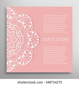Invitation or Card template with mandala border element. Doodle floral geometric pattern. Decorative abstract art background, template for Wedding, Valentine's day greeting cards, Birthday Invitations