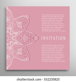 Invitation or Card template with mandala border element. Floral geometric lace pattern. Decorative abstract art background, template for Wedding, Valentine's day greeting cards, Birthday Invitations