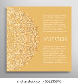 Invitation or Card template with mandala border element. Floral geometric lace pattern. Decorative abstract art background, template for Wedding, Valentine's day greeting cards, Birthday Invitations