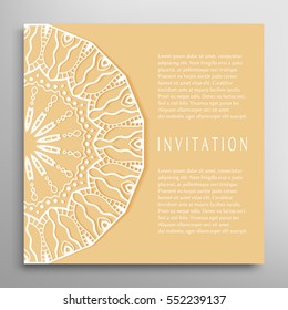 Invitation or Card template with mandala border element. Floral geometric lace pattern. Decorative abstract art background, template for Wedding, Valentine's day greeting cards, Birthday Invitations