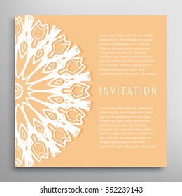 Invitation or Card template with mandala border element. Floral geometric lace pattern. Decorative abstract art background, template for Wedding, Valentine's day greeting cards, Birthday Invitations