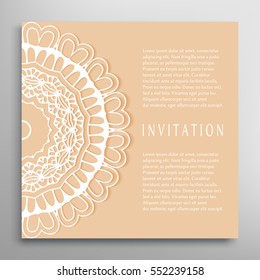 Invitation or Card template with mandala border element. Floral geometric lace pattern. Decorative abstract art background, template for Wedding, Valentine's day greeting cards, Birthday Invitations